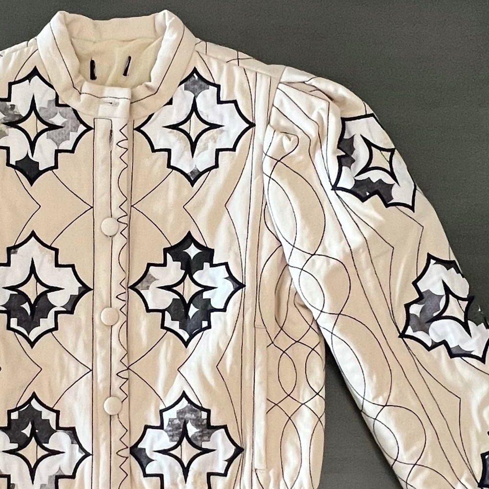 New blue b Cream Navy Blue Gray Quilted Cropped Button Down Bomber Jacket Coat S - Picture 5 of 7